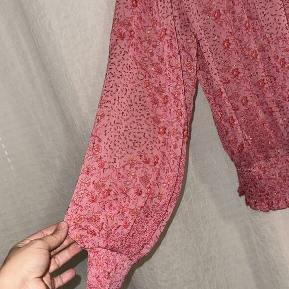 joie S Mock Neck Tie Front Long Balloon Sleeve Pink Gold Metallic Blouse - Picture 8 of 12